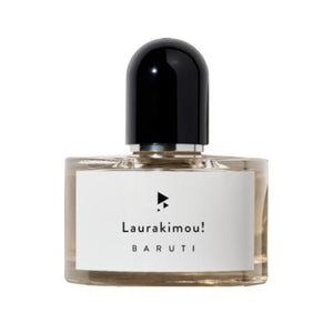 Baruti - Laurakimou! - Eau de Parfum Flakon mit minimalistischem weißem Etikett und rundem schwarzem Verschluss