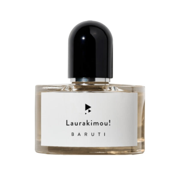 Baruti - Laurakimou! - Eau de Parfum Flakon mit minimalistischem weißem Etikett und rundem schwarzem Verschluss