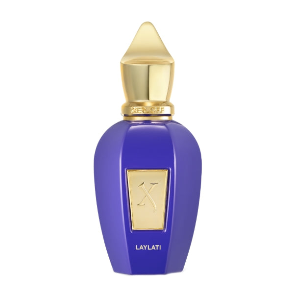 Xerjoff - Vibe - Laylati Parfumflakon in tiefem Violett mit goldfarbenem Verschluss und edlem Emblem vor weißem Hintergrund