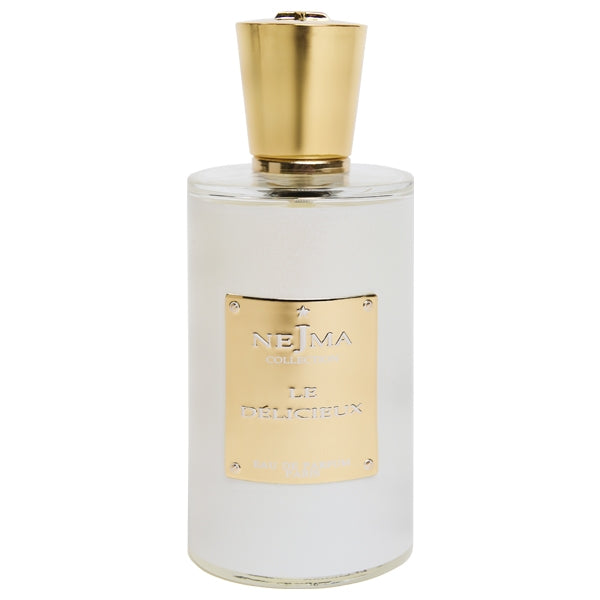 Nejma Collection - Le Delicieux eleganter Parfumflakon mit goldfarbenem Deckel und goldener Plakette auf weißem Glas