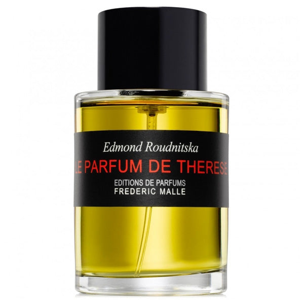 Frédéric Malle - Le Parfum de Thérèse Glasflakon mit schwarzem Verschluss und goldgelber Flüssigkeit vor weißem Hintergrund