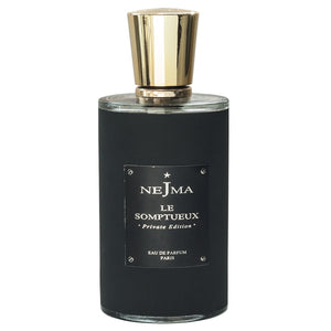 Nejma Collection - Le Somptueux Parfumflakon mit mattschwarzem Mantel und goldfarbenem Verschluss vor weißem Hintergrund