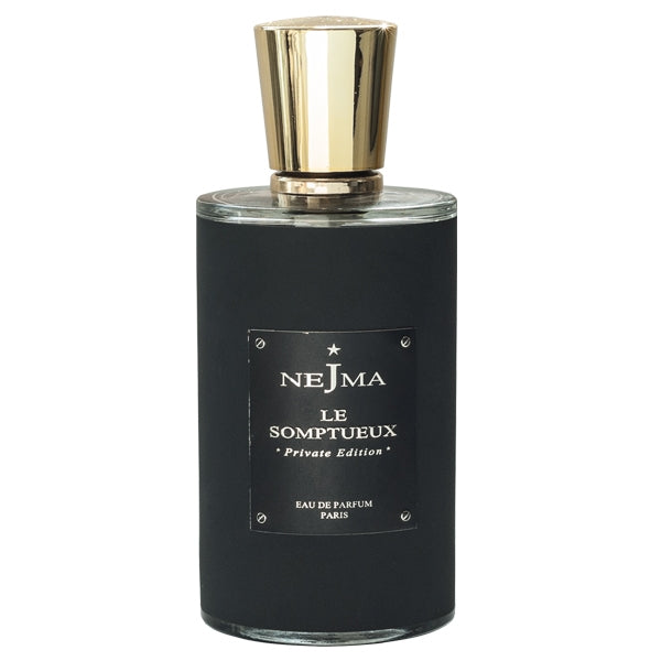 Nejma Collection - Le Somptueux Parfumflakon mit mattschwarzem Mantel und goldfarbenem Verschluss vor weißem Hintergrund