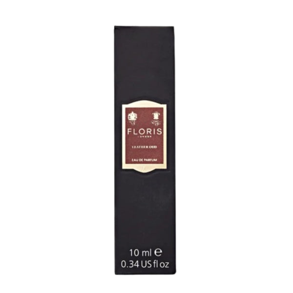 Floris - Leather Oud elegante schwarze Verpackung mit braunem Label und klarer Schrift für 10 ml Eau de Parfum