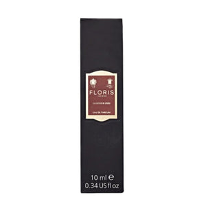 Floris - Leather Oud elegante schwarze Verpackung mit braunem Label und klarer Schrift für 10 ml Eau de Parfum