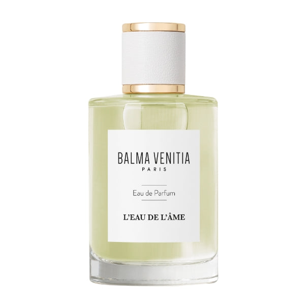 Balma Venitia - L'Eau de L'Âme klarer Flakon mit weißem Etikett und edlem weiß-goldenem Verschluss vor weißem Hintergrund