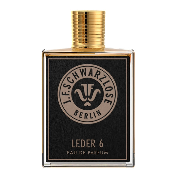 J.F. Schwarzlose Berlin - Leder 6 (Liquid Leather Overdose) - Luxury Edition Parfumflakon mit schwarzem Lederetikett und goldfarbenem Verschluss