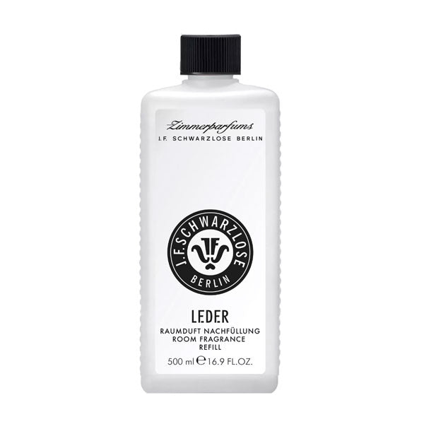 J.F. Schwarzlose Berlin - Leder - Zimmerparfum Nachfüllflasche in schlichtem weißem Design mit schwarzem Schraubverschluss