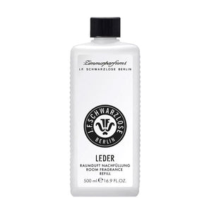 J.F. Schwarzlose Berlin - Leder - Zimmerparfum Nachfüllflasche in schlichtem weißem Design mit schwarzem Schraubverschluss