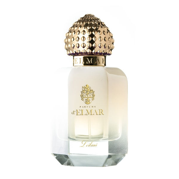 Parfums d'Elmar - Leilani eleganter transparenter Flakon mit goldfarbenem, strukturiertem Verschluss vor weißem Hintergrund