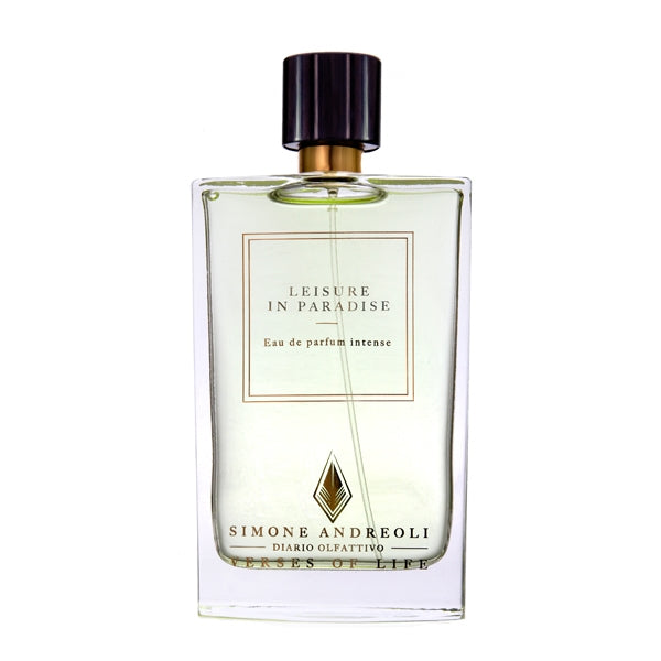 Simone Andreoli - Leisure in Paradise Parfumflakon mit klarer Flüssigkeit und schwarzem Verschluss vor weißem Hintergrund