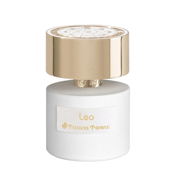 Tiziana Terenzi - Luna Collection - Leo eleganter weißer Flakon mit goldenem Deckel und zartem Schriftzug vor weißem Hintergrund