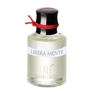 Calé Fragranze d'Autore - Libera Mente Parfumflakon mit schlichtem Design und rotem Band am schwarzen Verschluss vor weißem Hintergrund
