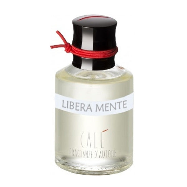 Calé Fragranze d'Autore - Libera Mente Parfumflakon mit schlichtem Design und rotem Band am schwarzen Verschluss vor weißem Hintergrund