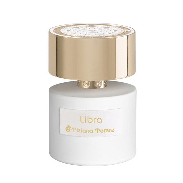 Tiziana Terenzi - Luna Collection - Libra eleganter weißer Flakon mit goldenem Deckel und feinem Schriftzug vor weißem Hintergrund