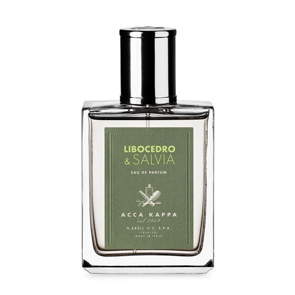 Acca Kappa - Libocedro & Salvia Parfümflakon mit grünem Etikett und glänzendem silbernem Verschluss vor weißem Hintergrund