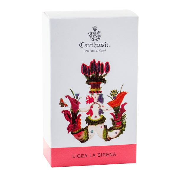 Carthusia - Ligea la Sirena Verpackung mit künstlerischer Sirenenillustration und rotem Farbakzent für eleganten Auftritt