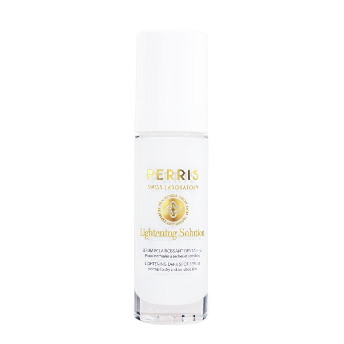 Perris Swiss Laboratory - Lightening Solution - Lightening Dark Spot Serum in weißer Flasche mit goldener Schrift