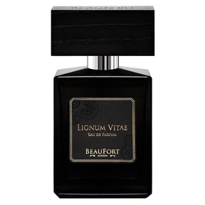 BeauFort London - Lignum Vitae Parfümflakon in schwarzem Glas mit rechteckigem Holzdeckel und elegantem Etikett