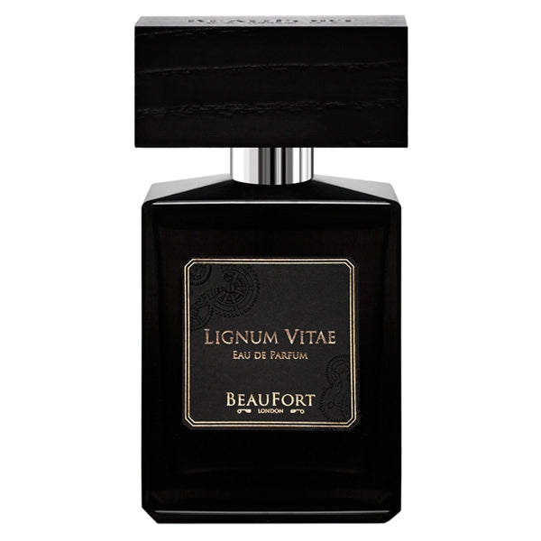 BeauFort London - Lignum Vitae Parfümflakon in schwarzem Glas mit rechteckigem Holzdeckel und elegantem Etikett