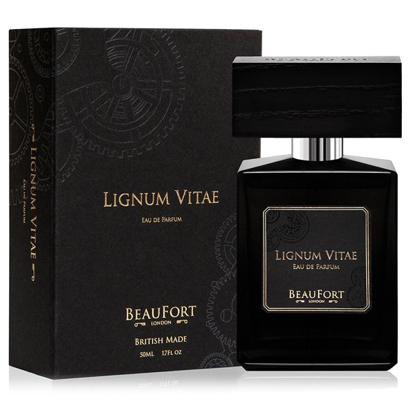 BeauFort London - Lignum Vitae Parfümflakon in mattschwarzem Glas mit rechteckigem Holzdeckel und schwarzer Verpackung