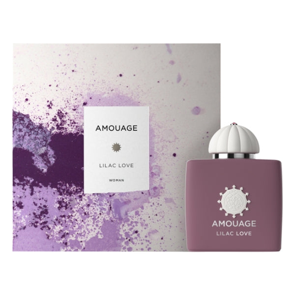 Amouage - Lilac Love moderner Flakon in fliederfarbenem Design mit weißem Deckel und passender dekorativer Verpackung