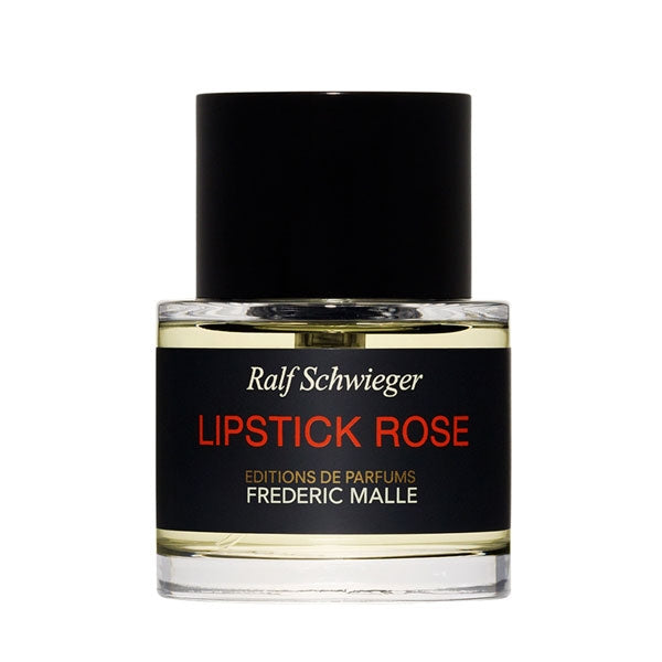 Frédéric Malle - Lipstick Rose Parfumflakon mit schwarzem Verschluss und cremefarbener Flüssigkeit vor weißem Hintergrund