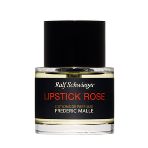 Frédéric Malle - Lipstick Rose Parfumflakon mit schwarzem Verschluss und cremefarbener Flüssigkeit vor weißem Hintergrund