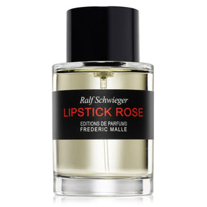 Frédéric Malle - Lipstick Rose transparente Parfumflasche mit schwarzem Verschluss und schlichtem Etikett vor weißem Hintergrund