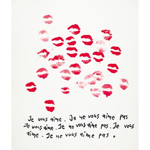 Frédéric Malle - Lipstick Rose künstlerische Darstellung mit roten Lippenabdrücken und handschriftlichem Text auf weißem Hintergrund