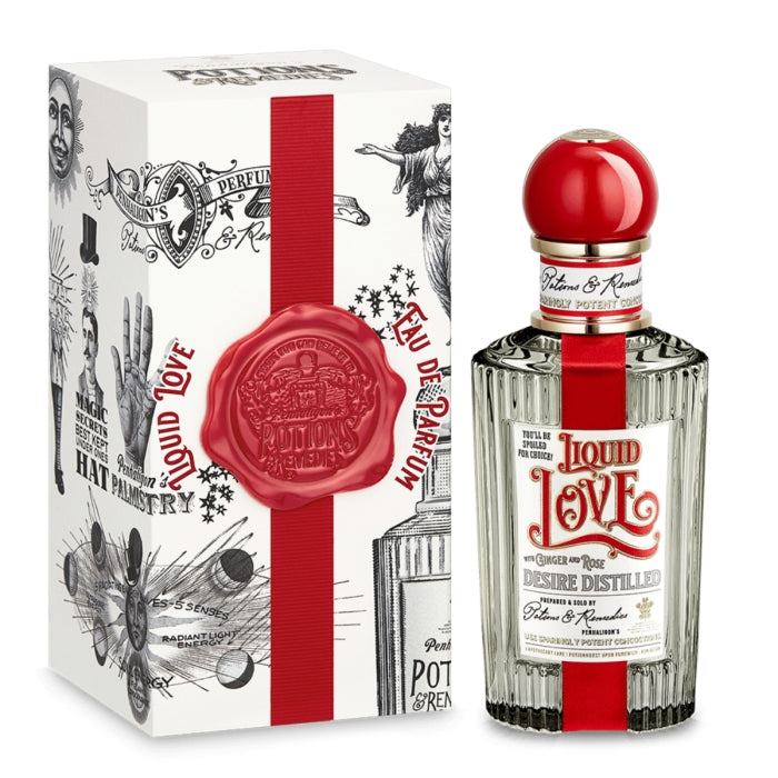 Penhaligon's - Potions & Remedies - Liquid Love Flakon mit rotem Deckel und detailreicher Vintage-Verpackung im eleganten Design