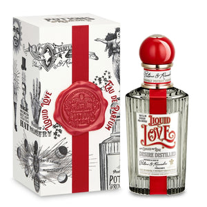Penhaligon's - Potions & Remedies - Liquid Love Flakon mit rotem Deckel und detailreicher Vintage-Verpackung im eleganten Design
