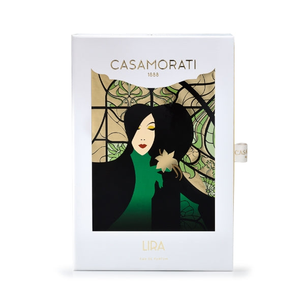 Xerjoff - Casamorati 1888 - Lira elegante Verpackung mit stilisierter Frau vor kunstvollem, grün-goldenem Ornamentmotiv