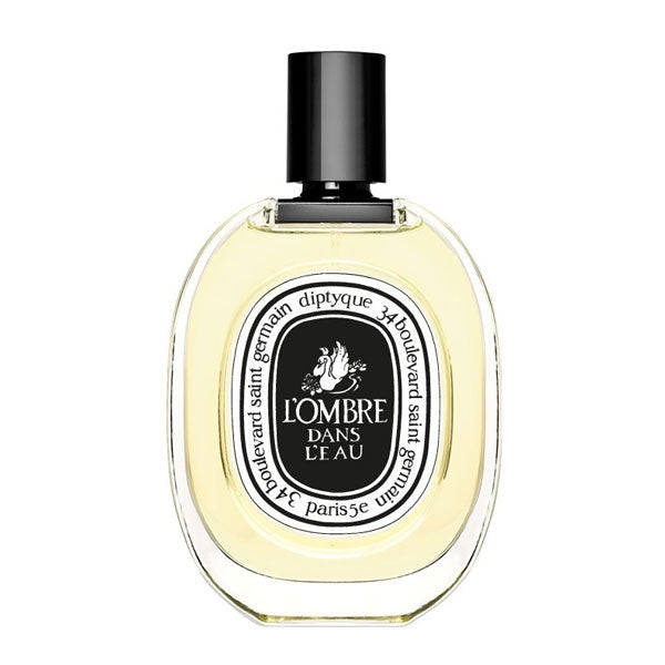 Diptyque L'Ombre dans L'Eau perfume in oval bottle with black and white label and black cap on white background