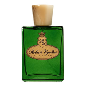 Roberto Ugolini - Loafer Parfumflakon in grünem Glas mit cremefarbenem Verschluss vor weißem Hintergrund