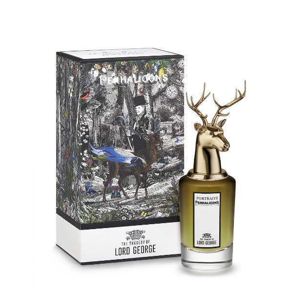 Penhaligon's - Portraits - The Tragedy of Lord George Flakon mit goldenem Hirschkopf vor kunstvoller Verpackung