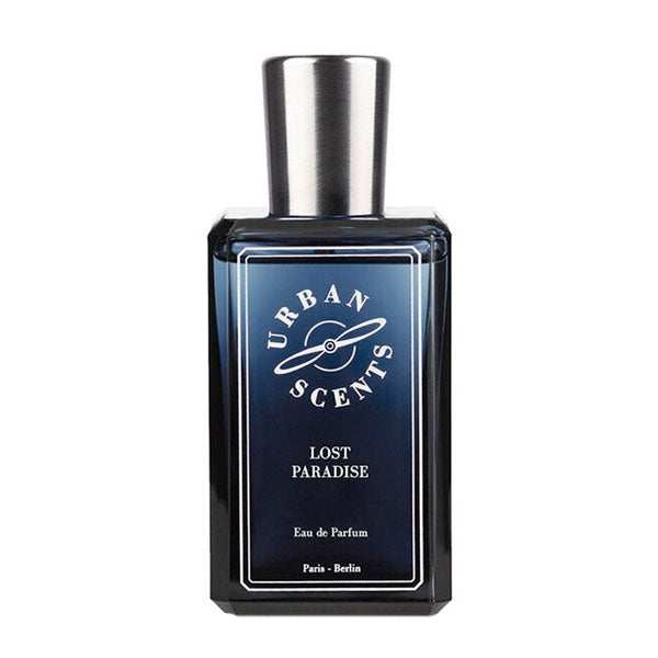 Urban Scents - Lost Paradise Parfumflakon in dunkelblauem Glas mit silbernem Verschluss auf weißem Hintergrund