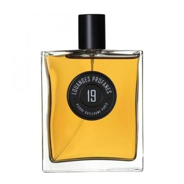 Pierre Guillaume - Louanges Profanes No.19 Parfumflakon mit schwarzem Verschluss und rundem Etikett vor weißem Hintergrund