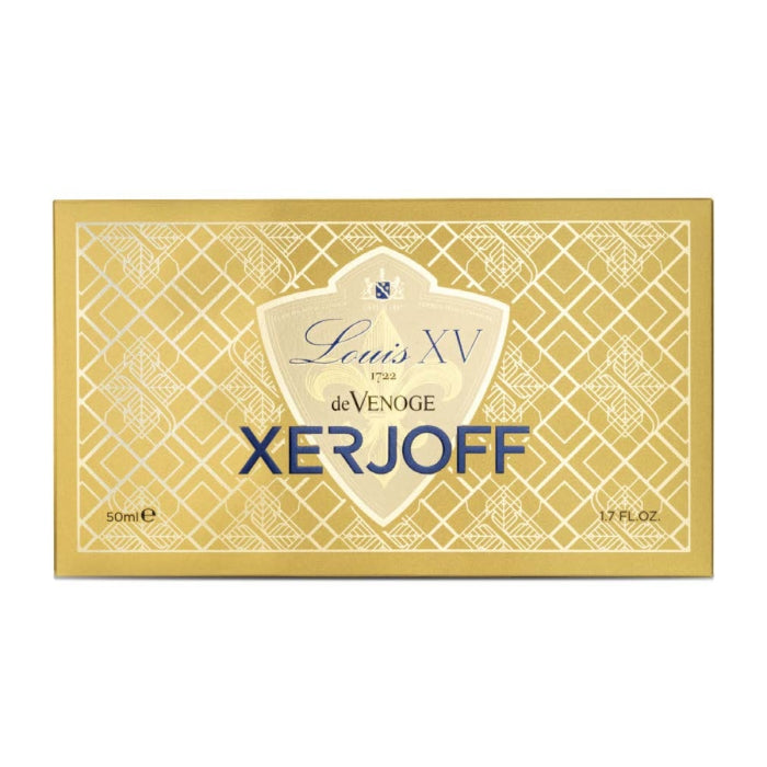 Xerjoff - Blends - Louis XV 1722 de Venoge goldene Verpackung mit elegantem Muster und Schriftzug auf hellem Hintergrund