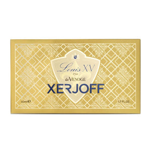 Xerjoff - Blends - Louis XV 1722 de Venoge goldene Verpackung mit elegantem Muster und Schriftzug auf hellem Hintergrund