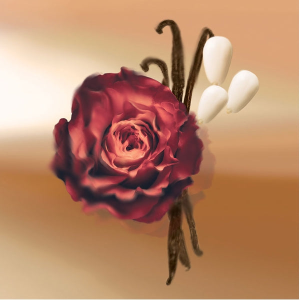 Keiko Mecheri - Loukhoum mit einem roten Rosenmotiv und Vanilleschoten vor gold-beigem Hintergrund
