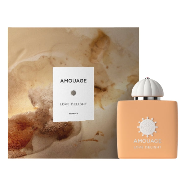 Amouage - Love Delight Parfümflakon in mattem Pfirsichton mit weißem Deckel und passender eleganter Verpackung
