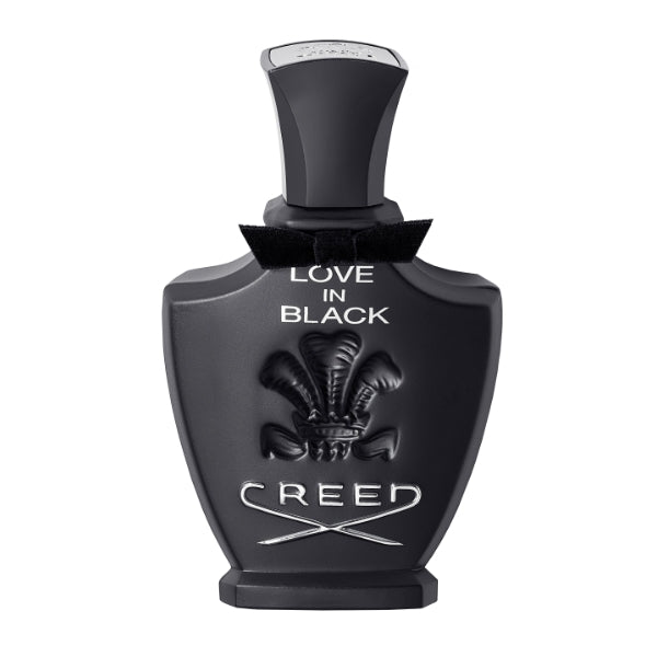 Creed - Love in Black mattierter schwarzer Flakon mit geprägtem Wappen und schwarzer Schleife vor hellem Hintergrund