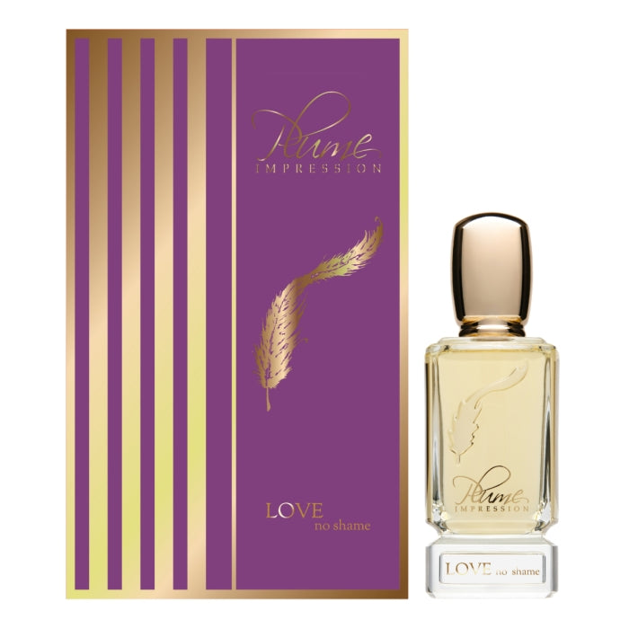 Plume Impression - Love, no Shame eleganter Flakon mit goldfarbenem Verschluss vor violetter Verpackung mit Federmotiv