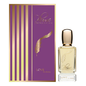 Plume Impression - Love, no Shame eleganter Flakon mit goldfarbenem Verschluss vor violetter Verpackung mit Federmotiv