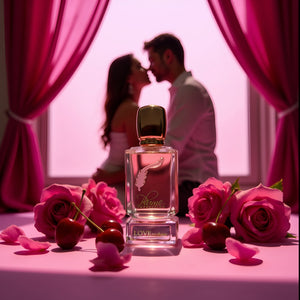 Plume Impression - Love, no Shame eleganter Flakon vor romantischem Hintergrund mit Rosen und Kirschen