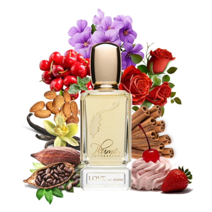 Plume Impression - Love, no Shame eleganter Flakon umgeben von roten Rosen, Vanille, Zimt und fruchtigen Akzenten