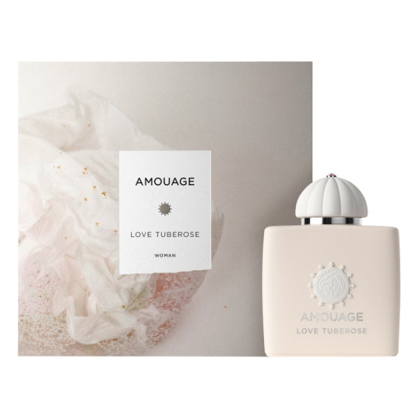 Amouage - Love Tuberose edler Parfümflakon in zartem Elfenbein mit verzierter Kappe und elegantem Verpackungsdesign