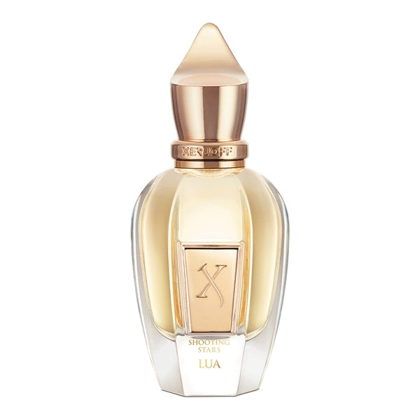 Xerjoff - Shooting Stars - Lua edler Flakon mit goldfarbenem Verschluss und transparentem Glas vor weißem Hintergrund