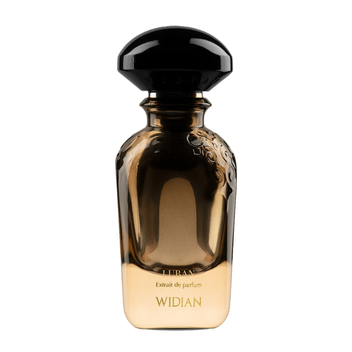Widian - Limited Collection - Luban Parfumflakon in goldbraunem Glas mit schwarzem Deckel und filigranen Verzierungen